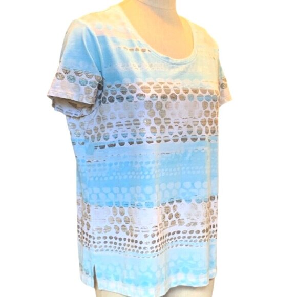 Chico's Zenergy Tee Top Aqua White Metallic Gold Dots Sz 2 (L/12) #130E - Picture 2 of 9